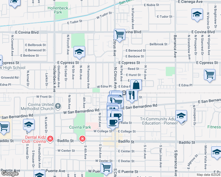 map of restaurants, bars, coffee shops, grocery stores, and more near 120 West Edna Place in Covina