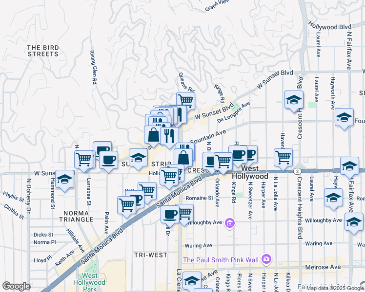 map of restaurants, bars, coffee shops, grocery stores, and more near N La Cienega Blvd & Fountain Ave in West Hollywood