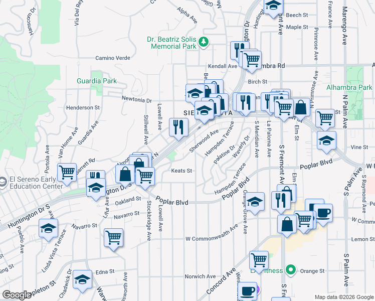 map of restaurants, bars, coffee shops, grocery stores, and more near 3215 Sherwood Avenue in Alhambra