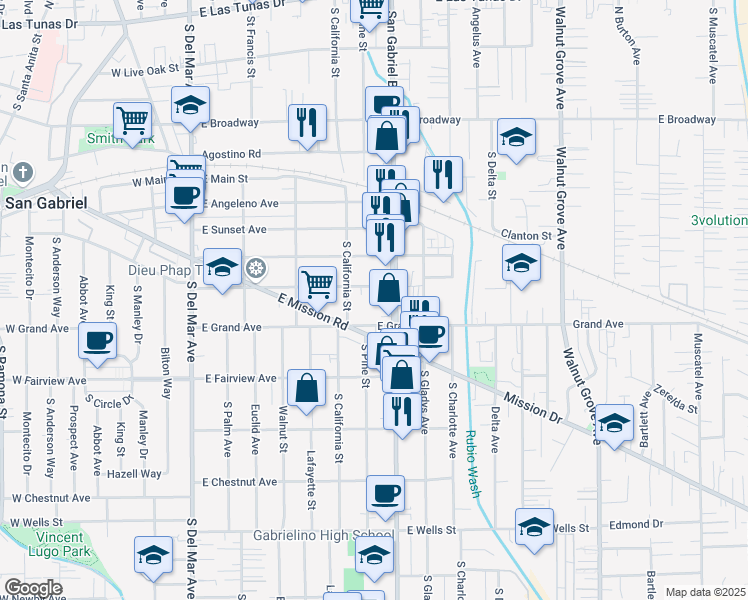 map of restaurants, bars, coffee shops, grocery stores, and more near in San Gabriel