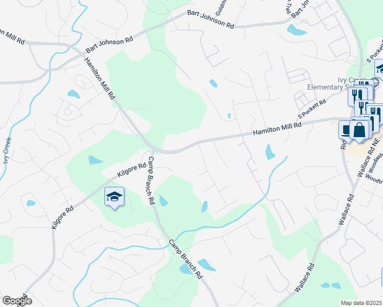 map of restaurants, bars, coffee shops, grocery stores, and more near 3488 Hamilton Mill Road in Buford