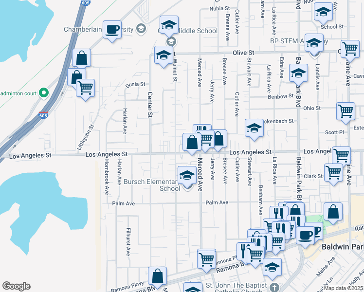 map of restaurants, bars, coffee shops, grocery stores, and more near 13721 Los Angeles Street in Baldwin Park