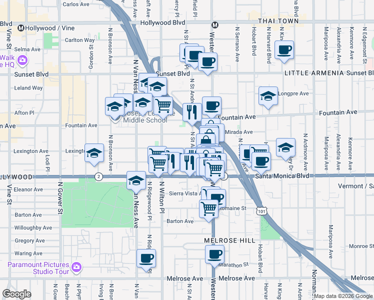map of restaurants, bars, coffee shops, grocery stores, and more near 5612 Lexington Avenue in Los Angeles