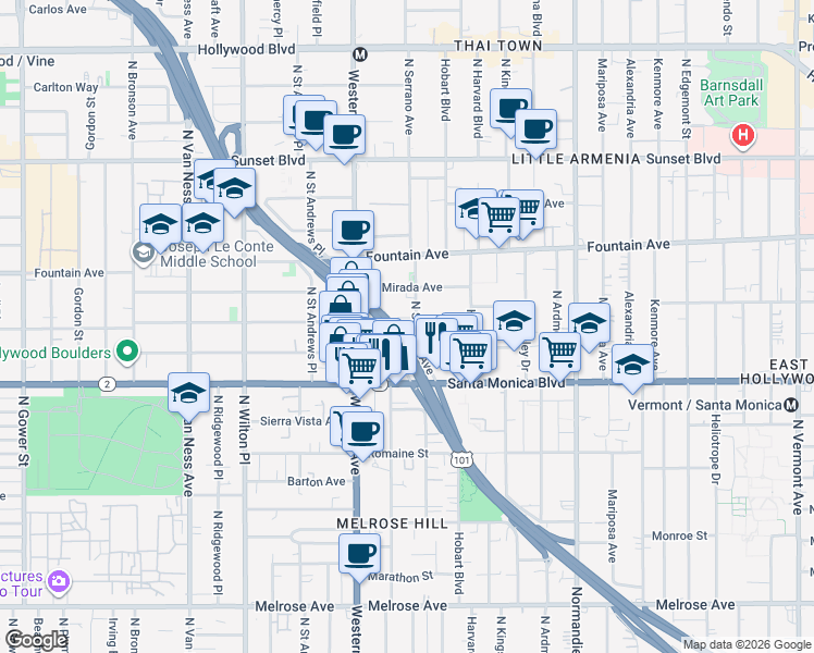map of restaurants, bars, coffee shops, grocery stores, and more near 5406 Lexington Avenue in Los Angeles