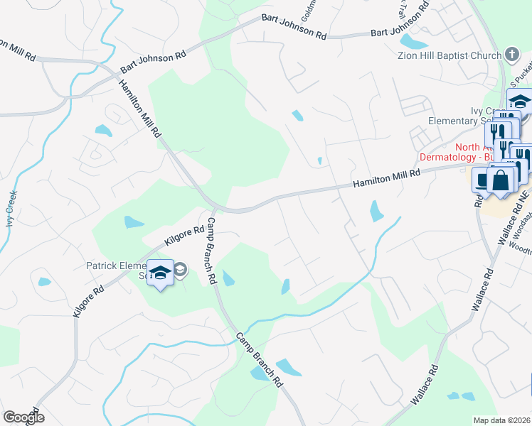 map of restaurants, bars, coffee shops, grocery stores, and more near 2934 Milltown Court in Buford