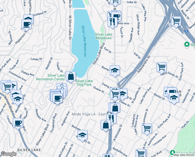 map of restaurants, bars, coffee shops, grocery stores, and more near 2327 Ewing Street in Los Angeles