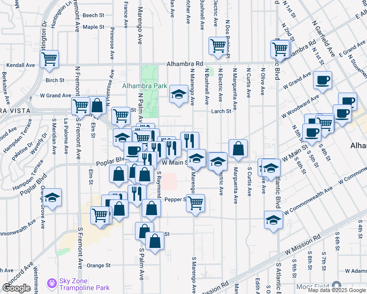map of restaurants, bars, coffee shops, grocery stores, and more near 1716 Vine Street in Alhambra
