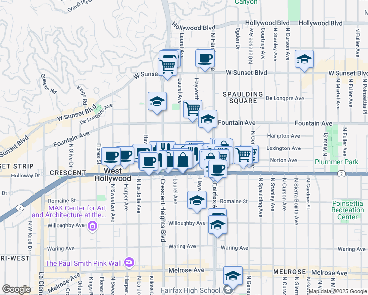 map of restaurants, bars, coffee shops, grocery stores, and more near 1226 North Laurel Avenue in West Hollywood