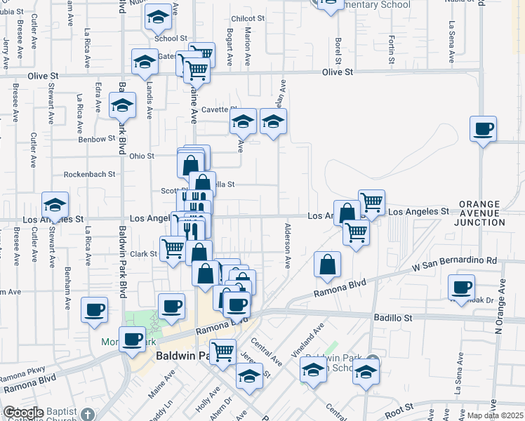 map of restaurants, bars, coffee shops, grocery stores, and more near 14626 Los Angeles Street in Baldwin Park
