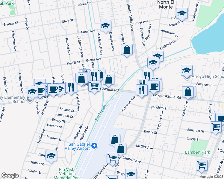 map of restaurants, bars, coffee shops, grocery stores, and more near 10808 Lower Azusa Road in El Monte