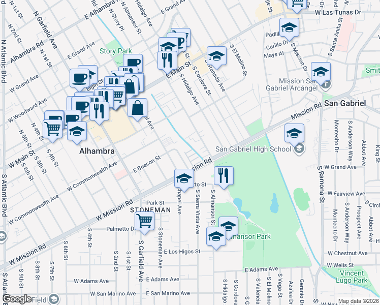 map of restaurants, bars, coffee shops, grocery stores, and more near 510 San Pasqual Drive in Alhambra