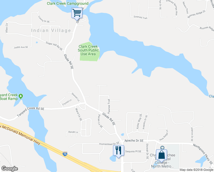 map of restaurants, bars, coffee shops, grocery stores, and more near 4486 Seneca Lane in Acworth