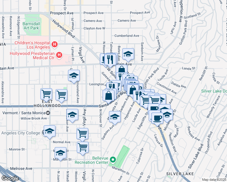 map of restaurants, bars, coffee shops, grocery stores, and more near 4202 Lexington Avenue in Los Angeles