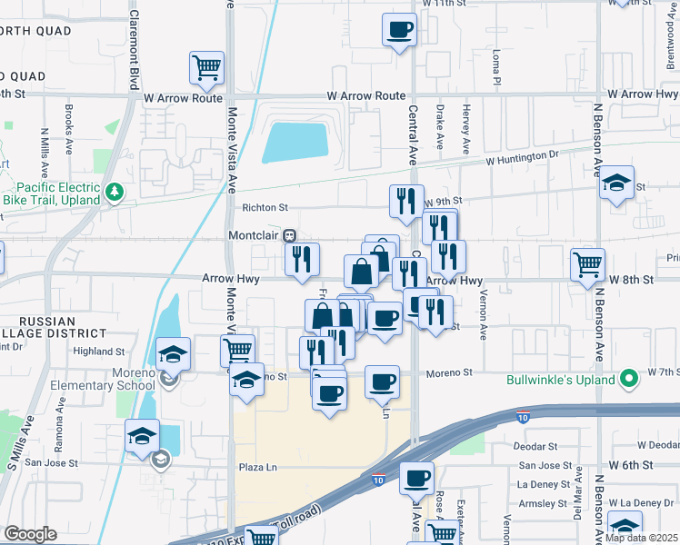 map of restaurants, bars, coffee shops, grocery stores, and more near 5144 East Arrow Highway in Montclair