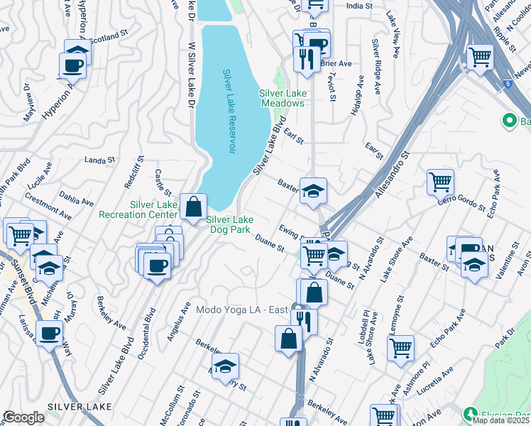 map of restaurants, bars, coffee shops, grocery stores, and more near 2327 Ewing Street in Los Angeles