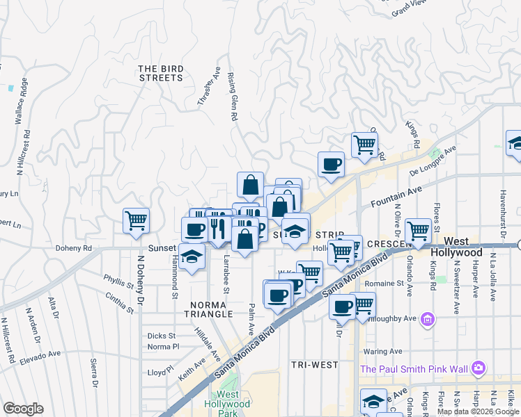 map of restaurants, bars, coffee shops, grocery stores, and more near 8780 Shoreham Drive in West Hollywood