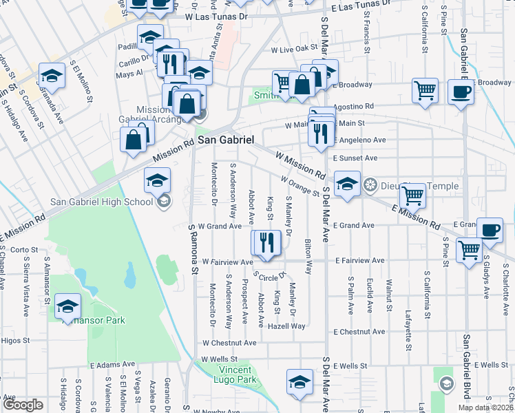 map of restaurants, bars, coffee shops, grocery stores, and more near 850 Abbot Avenue in San Gabriel