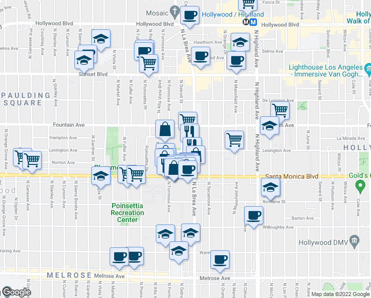 map of restaurants, bars, coffee shops, grocery stores, and more near 1139 North Detroit Street in West Hollywood