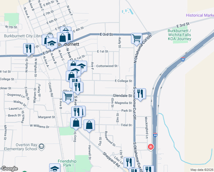 map of restaurants, bars, coffee shops, grocery stores, and more near 600 Michael Street in Burkburnett