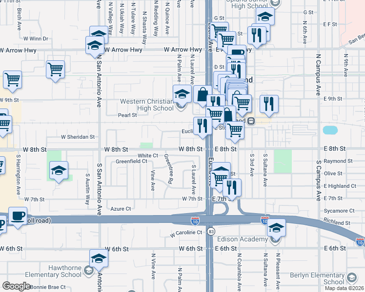 map of restaurants, bars, coffee shops, grocery stores, and more near 173 West 8th Street in Upland