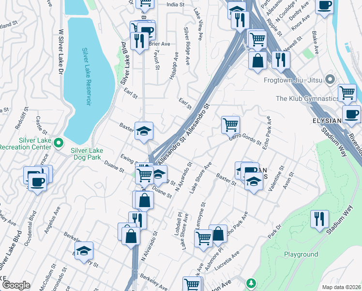 map of restaurants, bars, coffee shops, grocery stores, and more near 2132 Cove Avenue in Los Angeles
