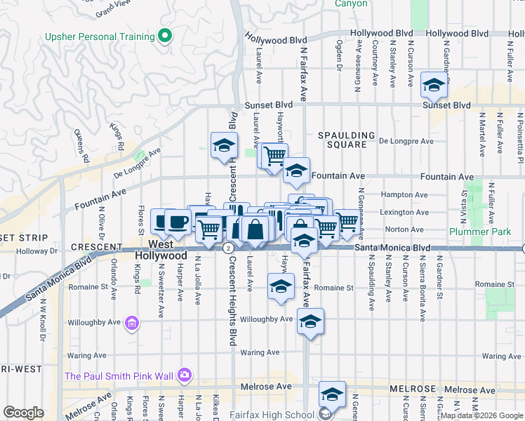 map of restaurants, bars, coffee shops, grocery stores, and more near 7955 Norton Avenue in West Hollywood