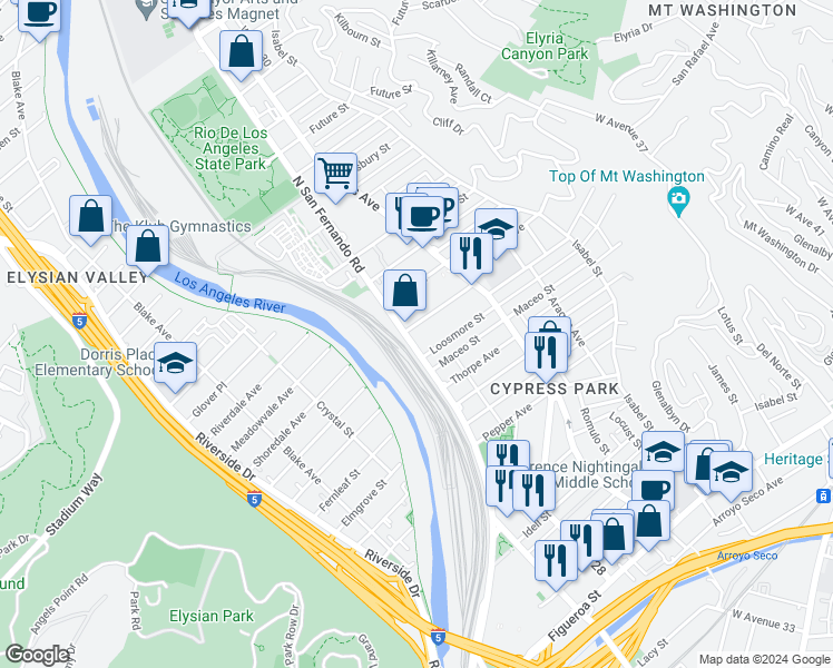 map of restaurants, bars, coffee shops, grocery stores, and more near 1114 North San Fernando Road in Los Angeles