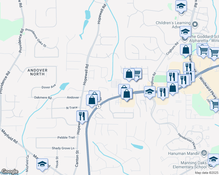 map of restaurants, bars, coffee shops, grocery stores, and more near 123 Brindle Lane in Alpharetta