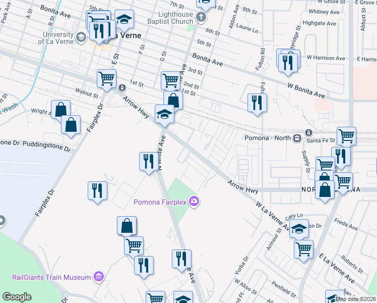 map of restaurants, bars, coffee shops, grocery stores, and more near 1797 Lordsburg Court in La Verne