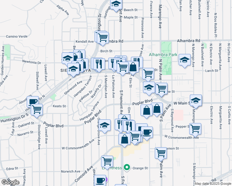 map of restaurants, bars, coffee shops, grocery stores, and more near 221 La Paloma Avenue in Alhambra