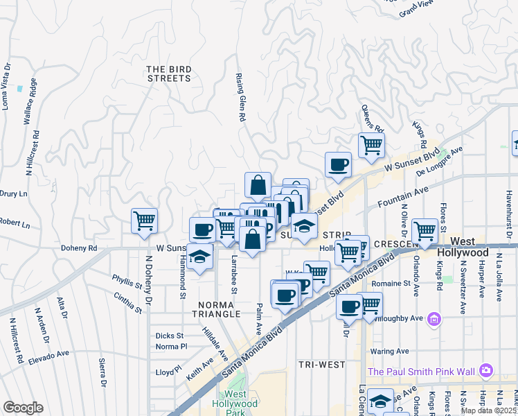 map of restaurants, bars, coffee shops, grocery stores, and more near 8780 Shoreham Drive in West Hollywood
