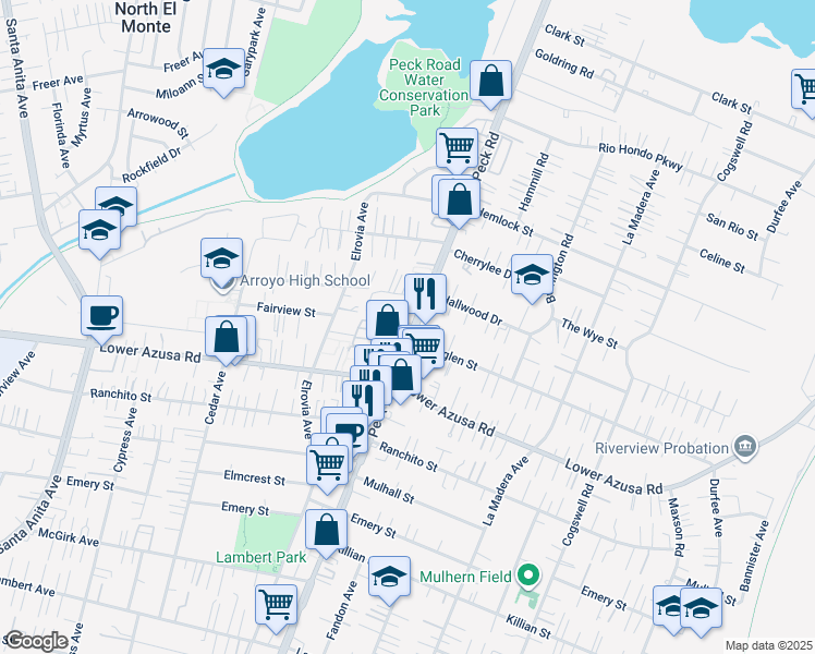 map of restaurants, bars, coffee shops, grocery stores, and more near 4849 Peck Road in El Monte