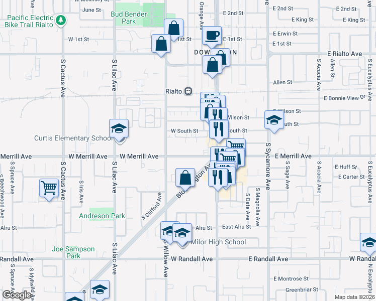 map of restaurants, bars, coffee shops, grocery stores, and more near 224 West Merrill Avenue in Rialto