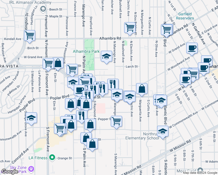map of restaurants, bars, coffee shops, grocery stores, and more near 1718 Vine Street in Alhambra