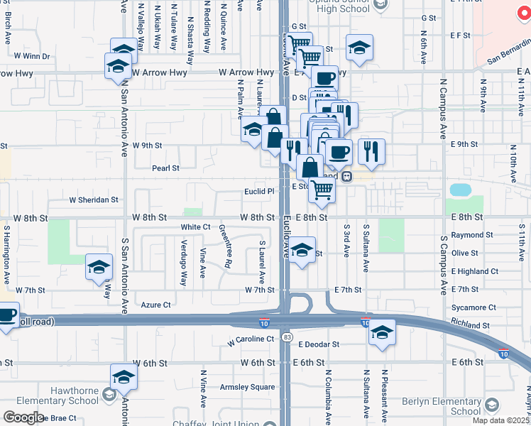 map of restaurants, bars, coffee shops, grocery stores, and more near 79 Elizabeth Lane in Upland