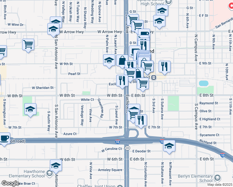 map of restaurants, bars, coffee shops, grocery stores, and more near 79 Elizabeth Lane in Upland