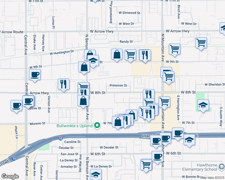 map of restaurants, bars, coffee shops, grocery stores, and more near 1500 West 8th Street in Upland