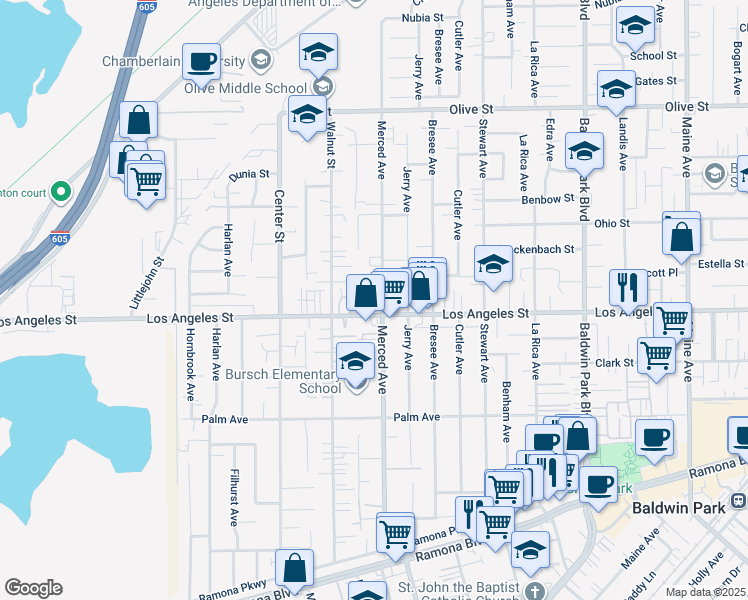 map of restaurants, bars, coffee shops, grocery stores, and more near in Baldwin Park