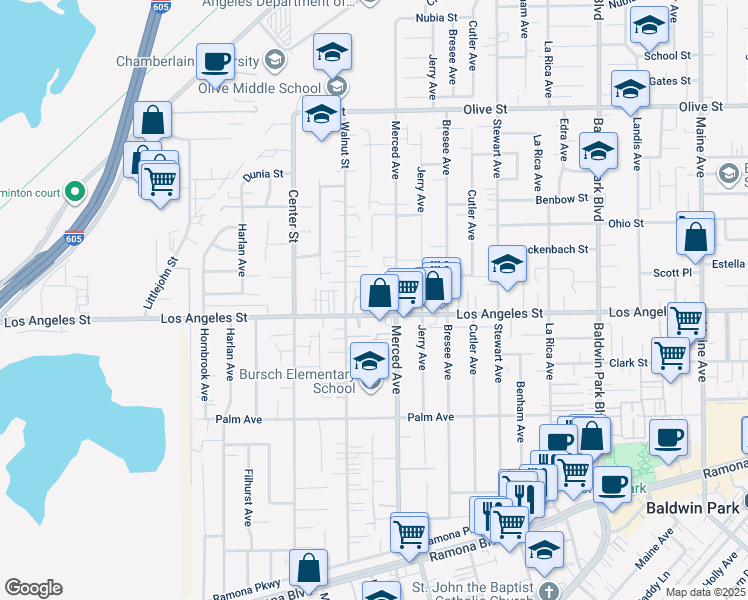 map of restaurants, bars, coffee shops, grocery stores, and more near 13714 Los Angeles Street in Baldwin Park