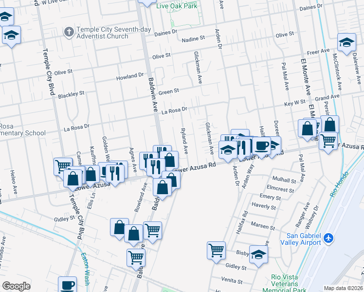 map of restaurants, bars, coffee shops, grocery stores, and more near 4835 Ryland Avenue in Temple City