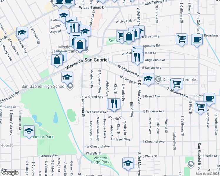 map of restaurants, bars, coffee shops, grocery stores, and more near 850 Abbot Avenue in San Gabriel
