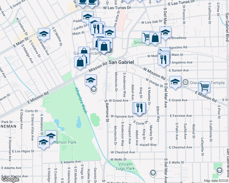 map of restaurants, bars, coffee shops, grocery stores, and more near 505 West Grand Avenue in San Gabriel
