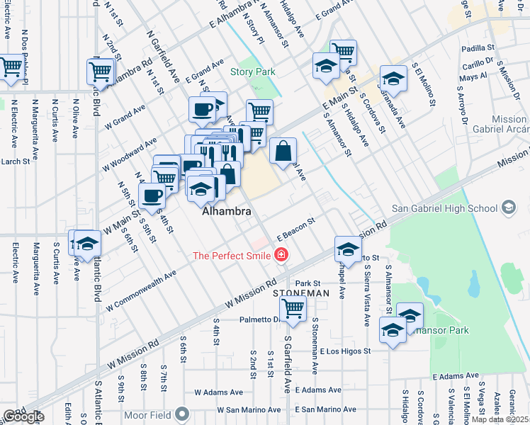 map of restaurants, bars, coffee shops, grocery stores, and more near in Alhambra