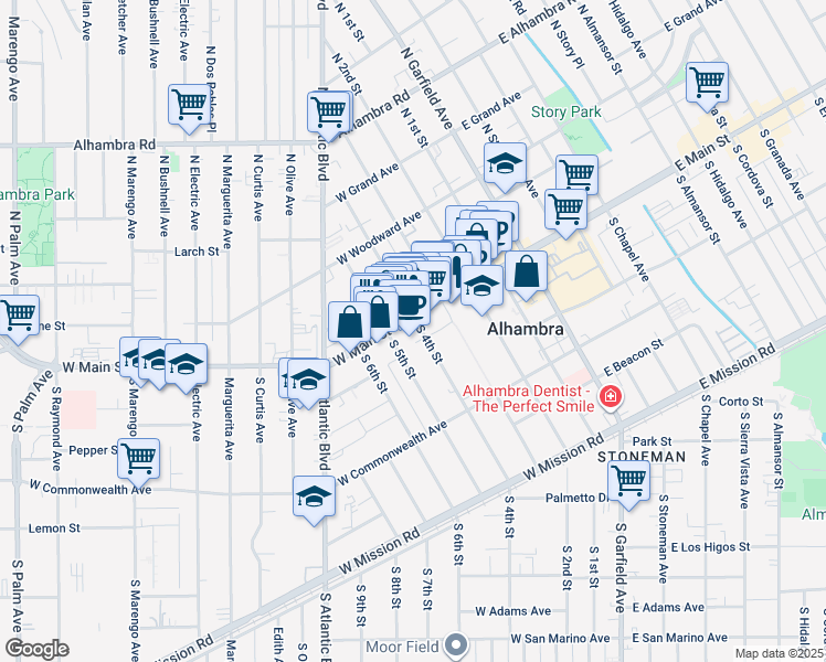 map of restaurants, bars, coffee shops, grocery stores, and more near 58 South 5th Street in Alhambra