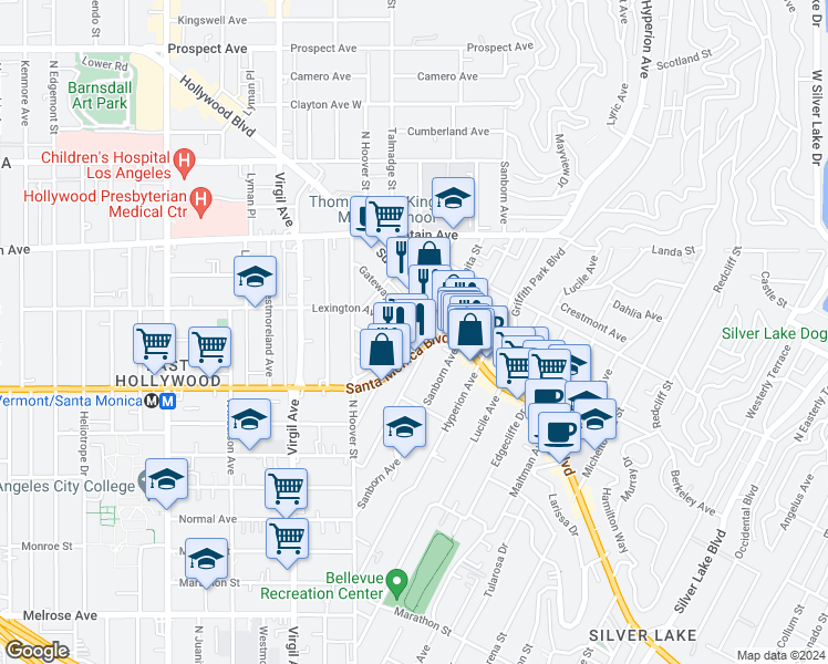 map of restaurants, bars, coffee shops, grocery stores, and more near 4121 Santa Monica Boulevard in Los Angeles