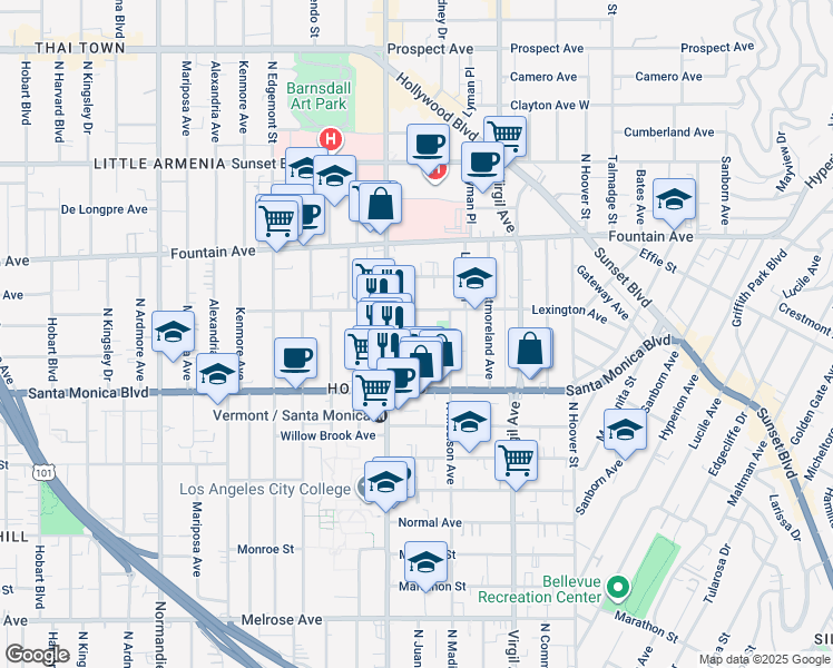 map of restaurants, bars, coffee shops, grocery stores, and more near 1145 North Madison Avenue in Los Angeles