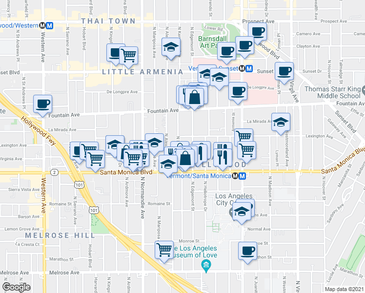 map of restaurants, bars, coffee shops, grocery stores, and more near 1137 North Kenmore Avenue in Los Angeles