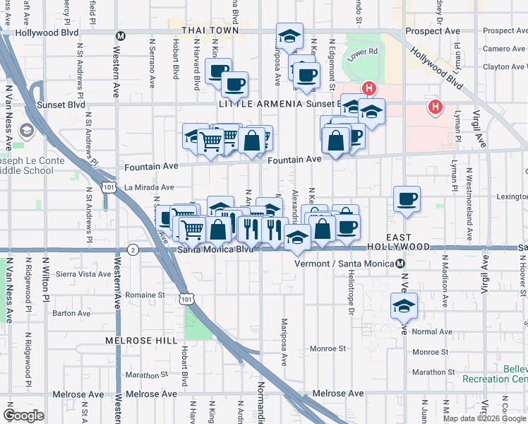 map of restaurants, bars, coffee shops, grocery stores, and more near 1137 North Normandie Avenue in Los Angeles