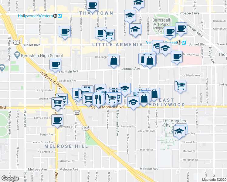 map of restaurants, bars, coffee shops, grocery stores, and more near 1137 North Normandie Avenue in Los Angeles