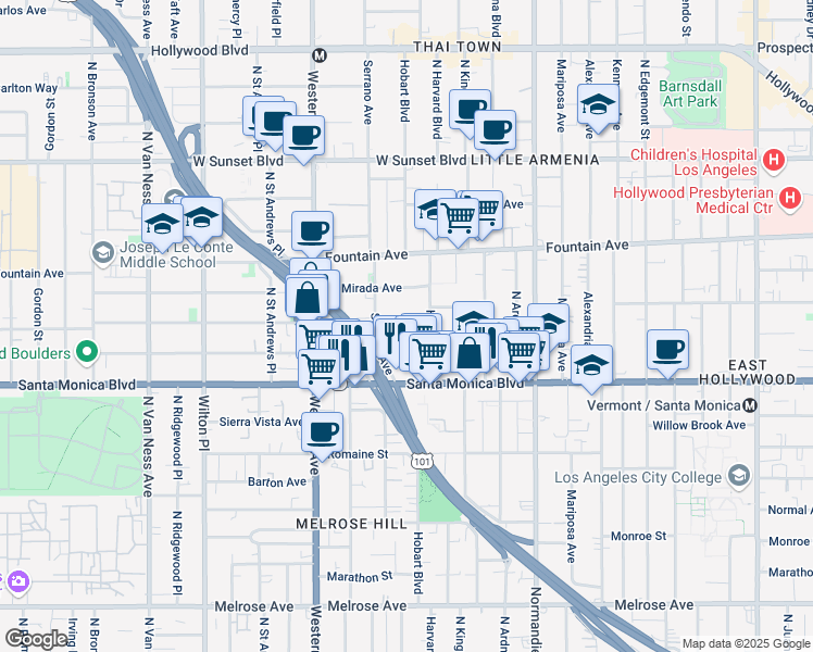 map of restaurants, bars, coffee shops, grocery stores, and more near 5301 Virginia Avenue in Los Angeles